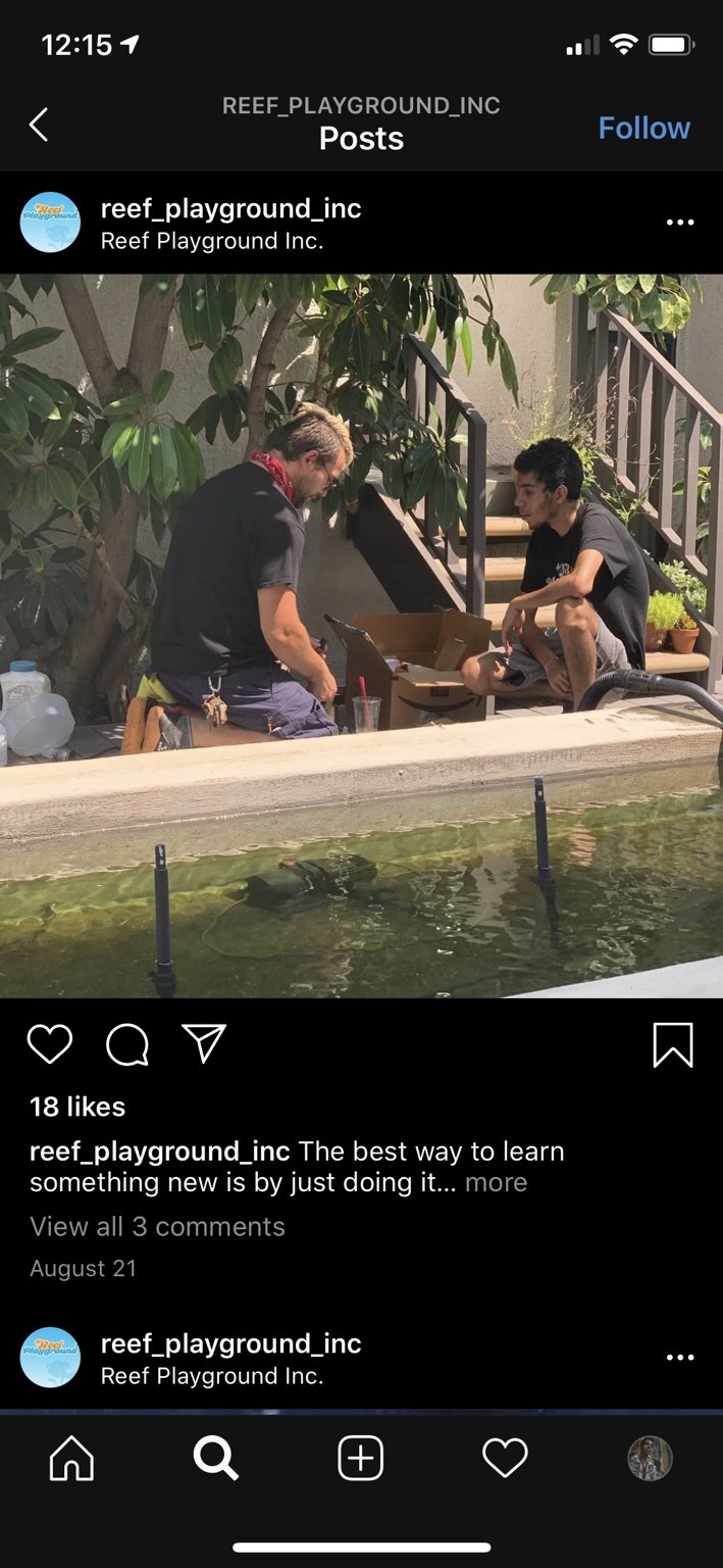 Serge and Alkiviades working beside a pond, in a Reef Playground Instagram post